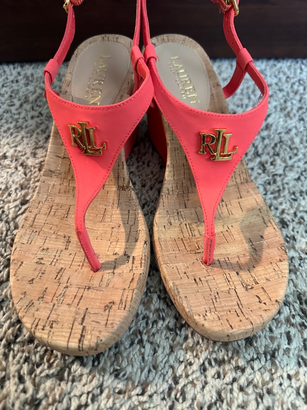 Lauren Ralph Lauren Jeannie Cork Wedge Thong Sandals - Coral Pink Gold Logo